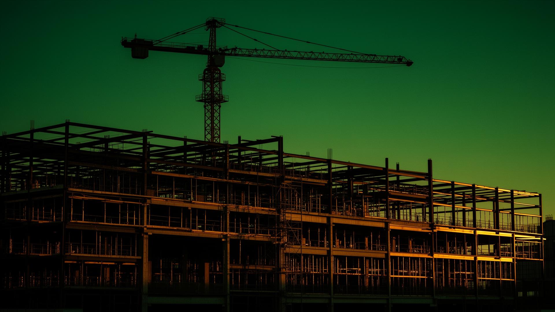 Construction site at sunset with cranes and crew